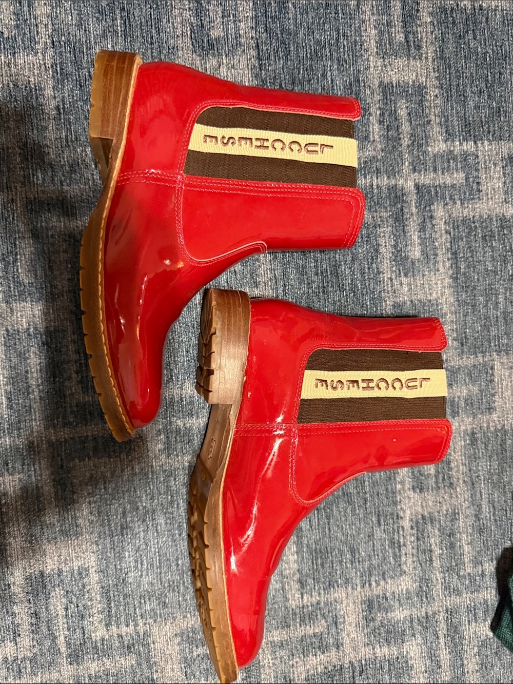 Lucchese Red Patent Chelsea Rain Boots with Striped Elastic Panels